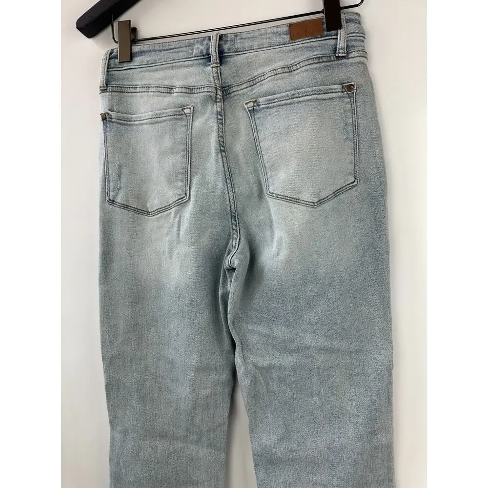 Judy Blue Adrian High Rise Straight Leg Jeans Distressed Slit Hem Size 11 30 - Picture 11 of 16
